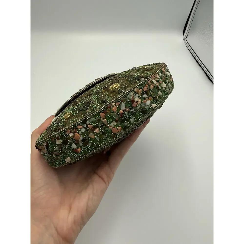 Vintage Mosaic Stone Hard Shell Evening Clutch Bag Green Quartz Beaded Purse